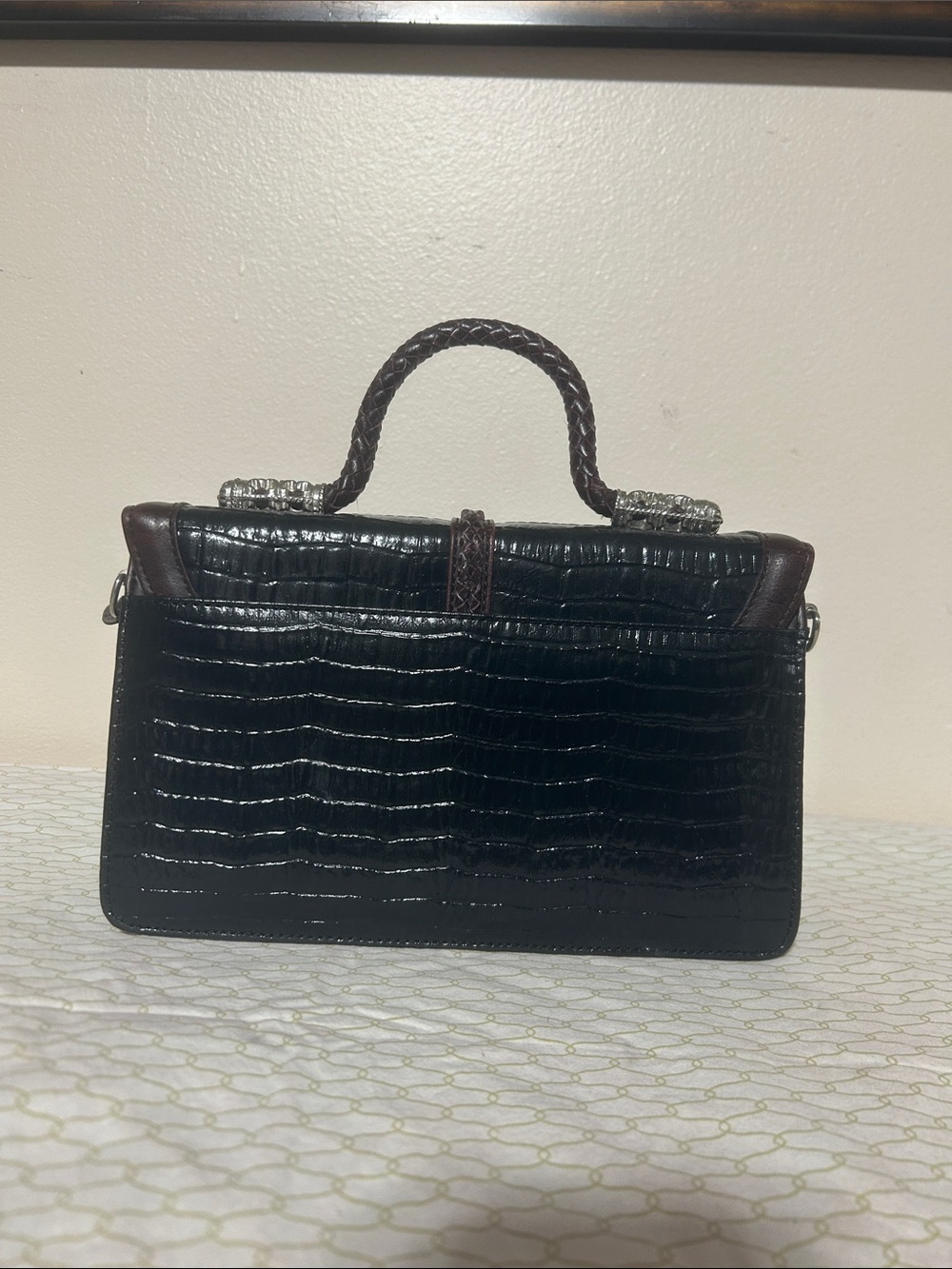 Brighton Black Croc-Embossed Top Handle Satchel with Brown Trim - Picture 2 of 4